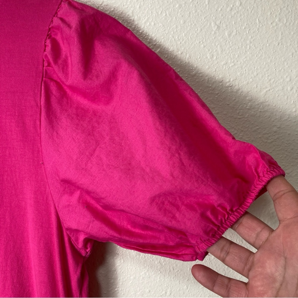 ZARA Hot Pink Puff Sleeve Tiered Swing Mini Dress Women's Sz L Cotton - Picture 5 of 15